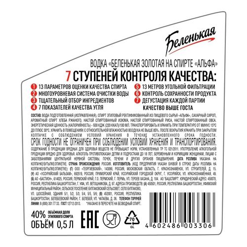 Водка Беленькая Золотая 500 мл
