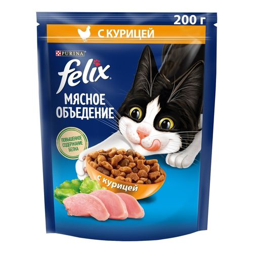 Сухой корм Felix Мясное Объедение для взрослых кошек с курицей 200 г