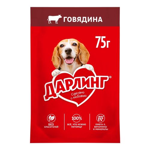 Влажный корм Дарлинг для взрослых собак кусочки с говядиной в подливе 75 г
