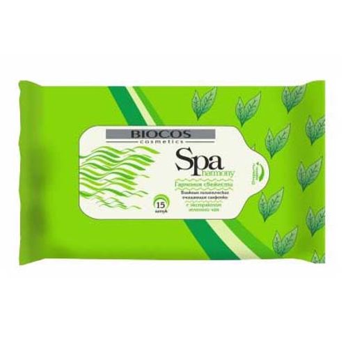 Салфетки влажные Biocos Spa Energy зеленый чай очищающие 15 шт