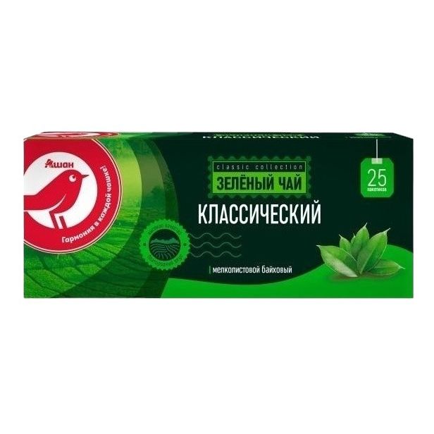Зеленый чай АШАН Красная птица в пакетиках 50 г
